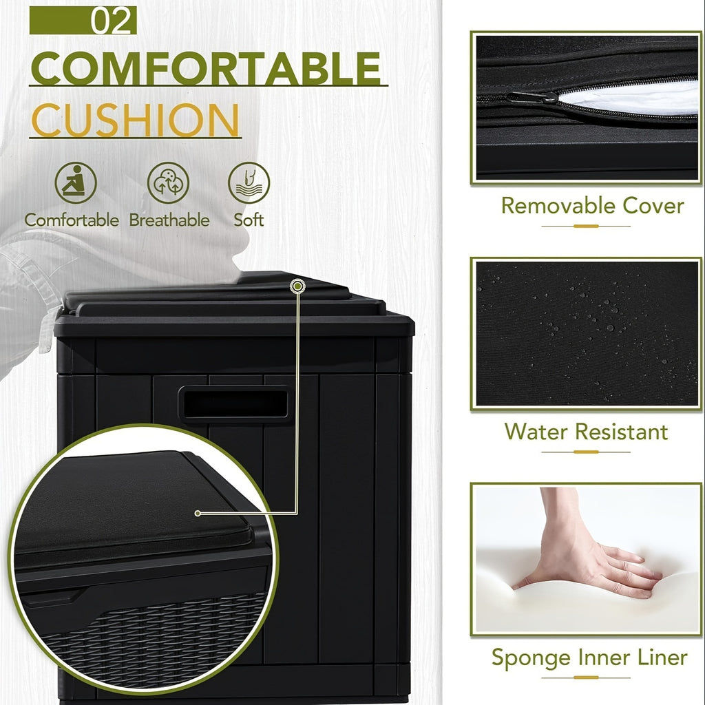 GUNJI 100 Gallon Deck Box with Cushion, Outdoor Resin Large Storage Box Lockable Waterproof & UV Resistant Outdoor Storage Bench for Patio Furniture, Garden Tools, Pool Supplies, Box,Cabinet,Rack for Outdoor Storage