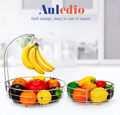 Tiered Fruit Basket Bowl with Banana Hanger – Countertop Fruit & Vegetable Storage, Chrome Wire Organizer, 3-Raised Feet, Classic Ironwork Kitchen Decor | ShopVora CA