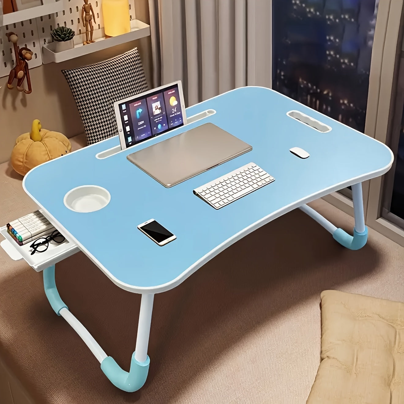 Portable Lap Desk with Cup Holder & Drawer – Extra-Large Foldable Laptop Tray Stand, Sturdy Anti-Slip Legs, Ventilated Surface, Multifunctional for Bed Sofa Floor – Pink, Black, Wood, Blue & White