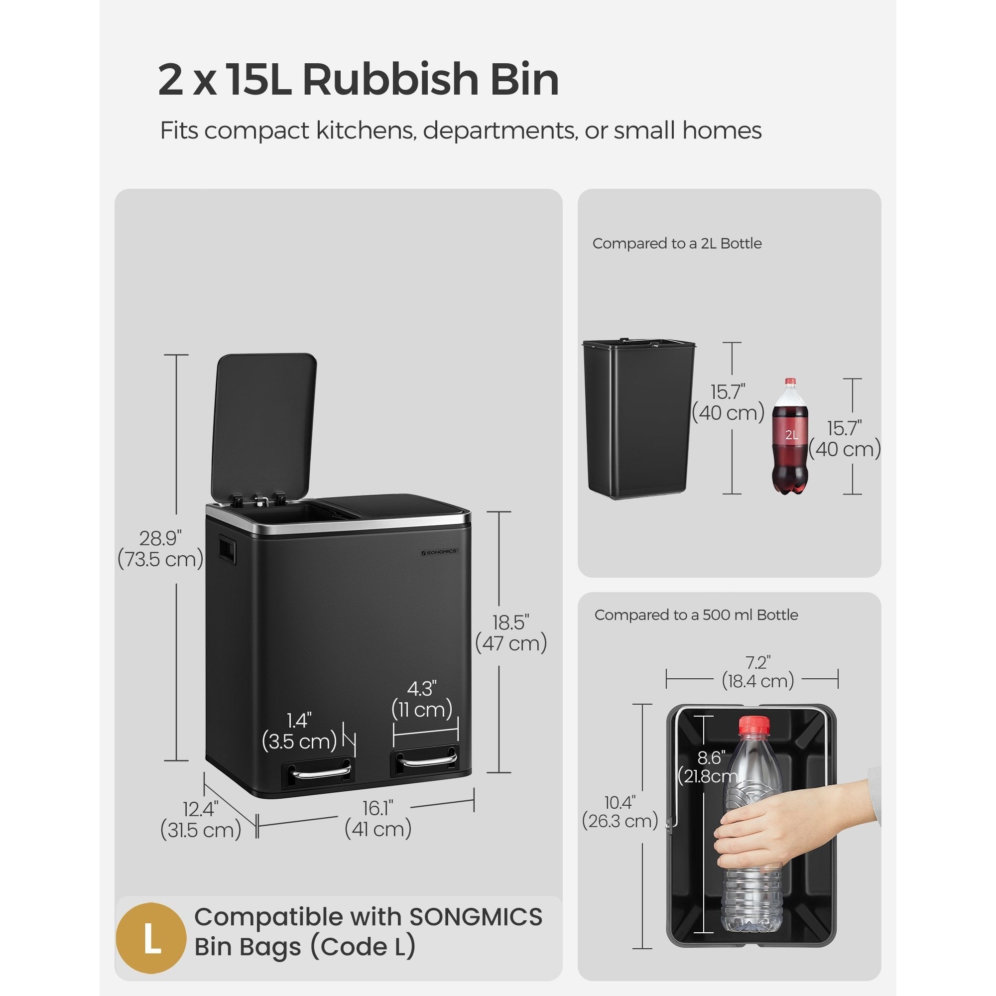 Garbage Can, 2 x 4 Gallon (2 x 15 L) Trash Can, Recycle Bin with Soft-Close Lids, Pedals, and Inner Buckets for Kitchen, Stainless Steel, Silver