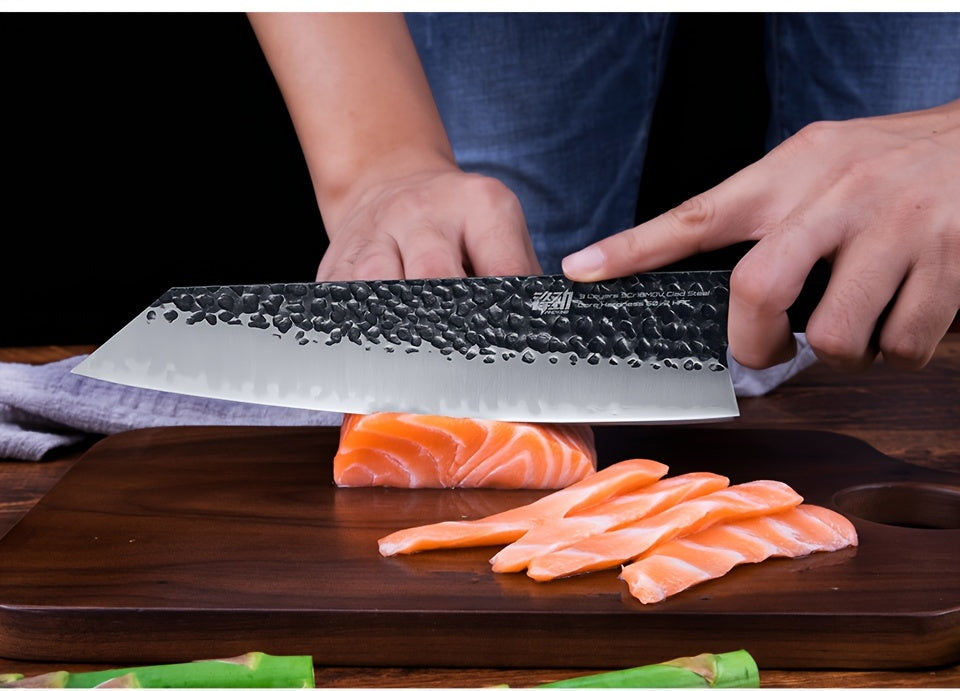 1pc 9-Inch Kiritsuke Chef Knife, Japanese Hand-Forged Professional Sharp Kitchen Knife, 9Cr18MoV Triple-Layered Steel Meat Vegetable Sushi Knife for Cutting Meat, Vegetables, Fruits, Seafood, and Sushi, Ergonomic Solid Wood Handle with Gift Box