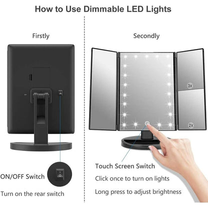 Tri-Fold LED Vanity Makeup Mirror 1x/2x/3x Magnification – 21 LED Lights, Touch Dimmer, 180° Rotation – Lighted Dressing Mirror for Women – Tabletop Makeup & Travel Mirror
