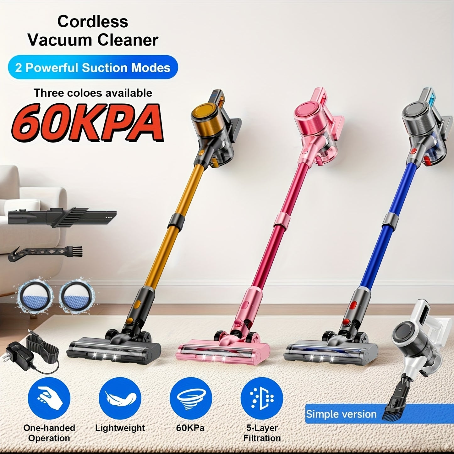 Cordless Stick Vacuum Cleaner 60Kpa Max Suction - Lightweight Rechargeable Handheld Vacuum for Hardwood Floors, Carpets & Pet Hair, Anti-Tangle Brush, 45-Min Runtime, Corded & Cordless 2-in-1