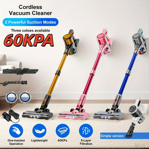 Cordless Stick Vacuum Cleaner 60Kpa Max Suction - Lightweight Rechargeable Handheld Vacuum for Hardwood Floors, Carpets & Pet Hair, Anti-Tangle Brush, 45-Min Runtime, Corded & Cordless 2-in-1