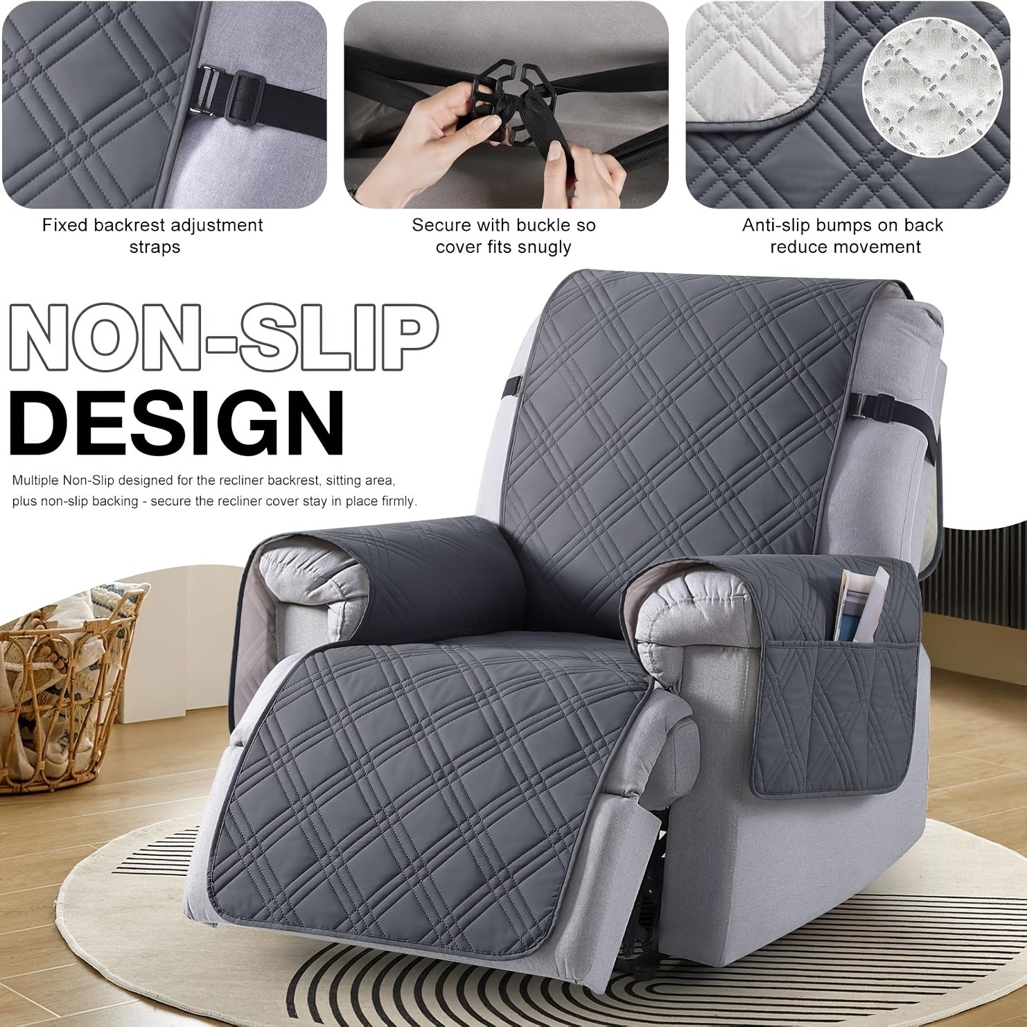 1pc High Quality Recliner Cover Sofa Cover, Quilted Sofa Recliner Cover with Pockets And Elastic Straps, Pet Scratch-Resistant Sofa Pad, Housse De Fauteuil Inclinable, Washable Furniture Protective Cover, Easy to Install, Mother's Day Home Decor.