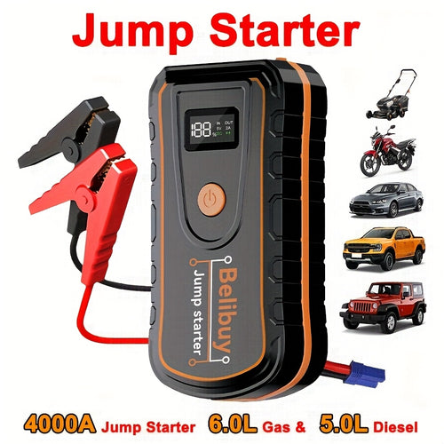 High-Power Portable Car Starter with 6000mAh Rechargeable Battery & USB Charging – Upgraded Emergency Booster for Vehicles Under 36V