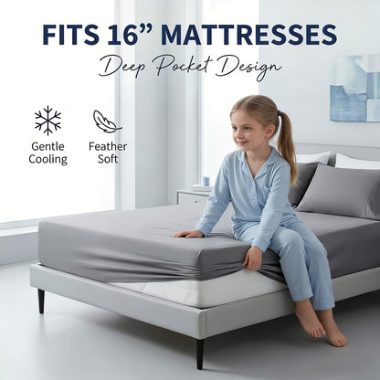 Cooling Bamboo Sheets Deep Pocket 3/4pcs Set – Breathable Viscose Bed Sheet Set for Hot Sleepers, Hotel Luxury Fitted Sheet & Pillowcase, 1660TC Ultra Soft Twin Full Queen King Size