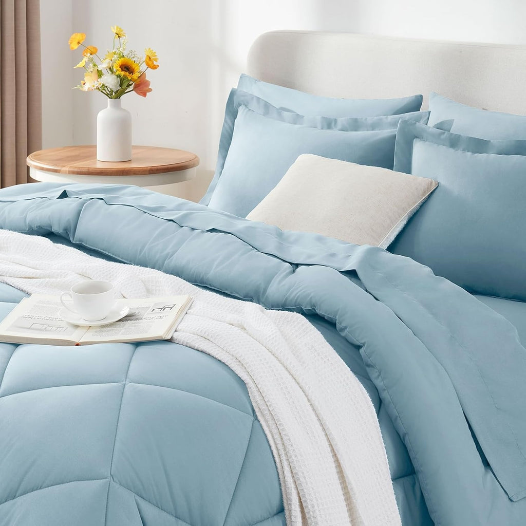 7pcs Comforter Set - Reversible Navy  Bedding, Queen Size Bed Set for All Seasons, Bed In A Bag with Fluffy Polyester Comforter, Sheets, Fitted Sheet, Flat Sheet, Pillowcases And Shams