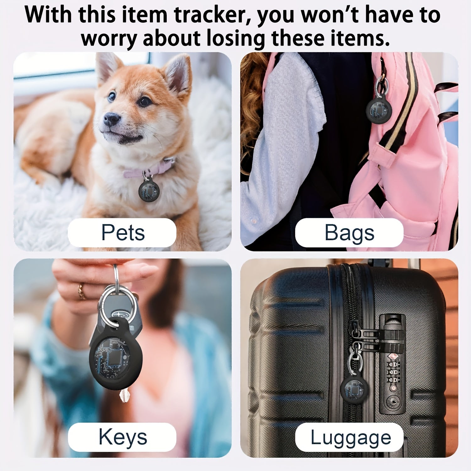 AirTag Holder with Keyring & Silicone Case – 1/2/3/4/6 Pack Item Finder Tracker, Works with Apple Find My, 1-Year Battery, Anti-Loss for Keys Luggage Wallet – White, Black, Pink & Green