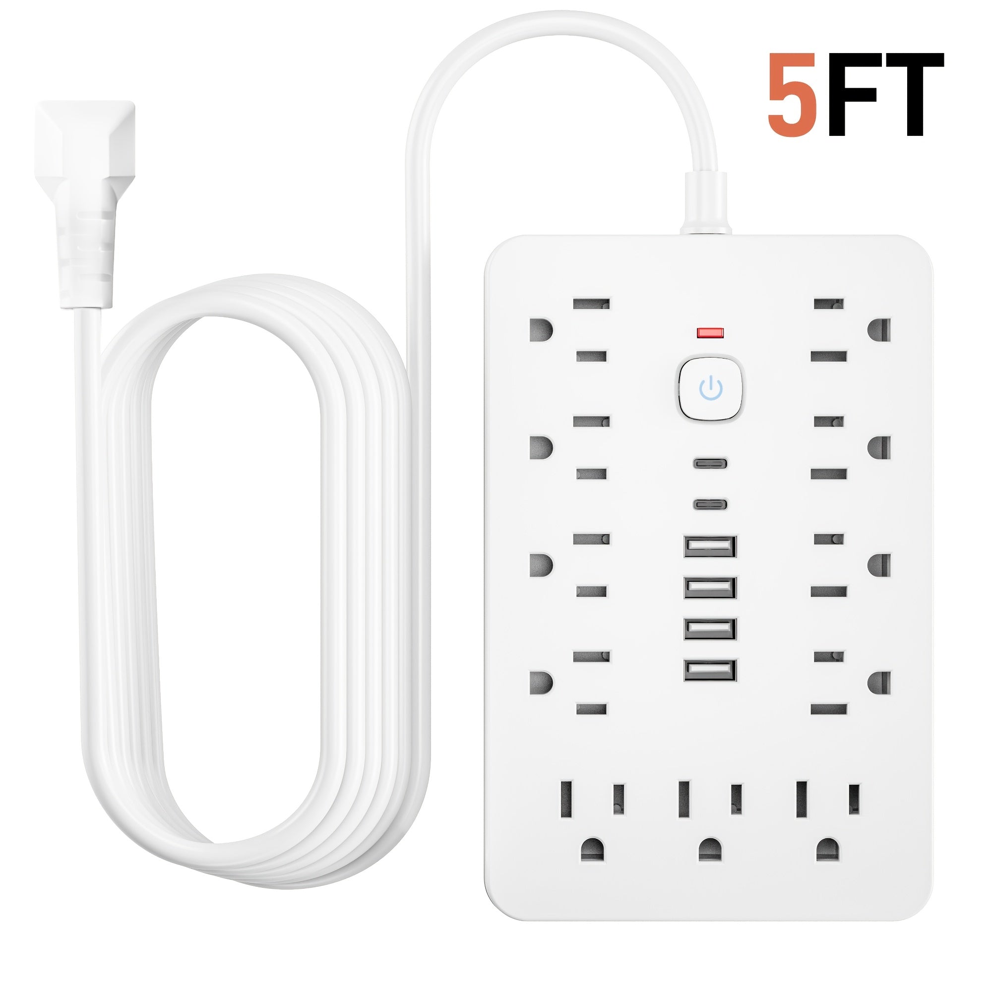 Flat Plug Power Strip Surge Protector 17-in-1 with 11 AC Outlets 4 USB & 2 Type-C Ports – Space-Saving Compact Outlet Expander, 5ft or 10ft Extension Cord for Home Office Kitchen Desk