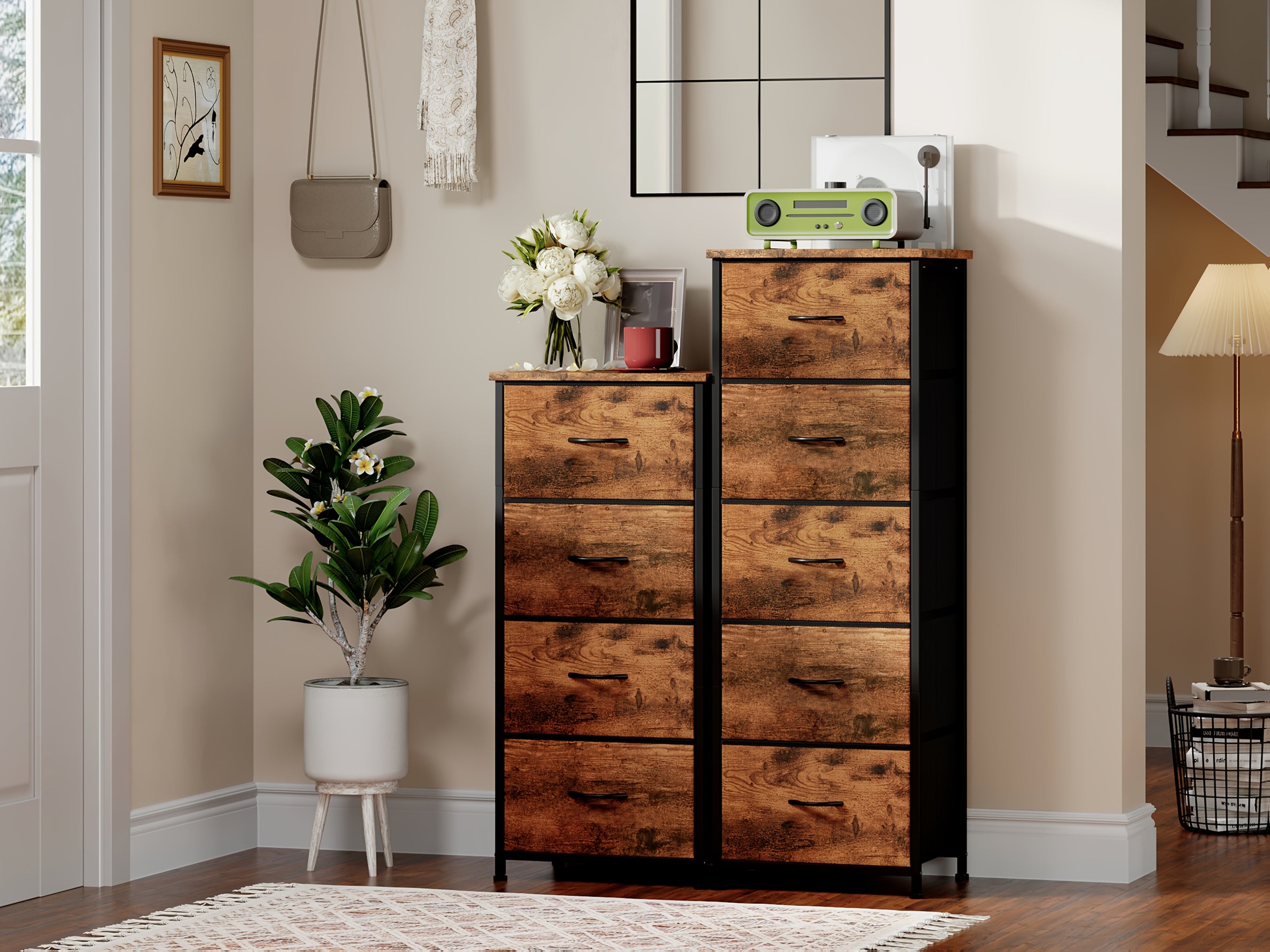 EUNOS Tall Dresser for Bedroom with 5 Drawers, Storage Chest Of Drawers with Removable Fabric Bins for Closet Bedside Laundry Living Room Entryway Hallway