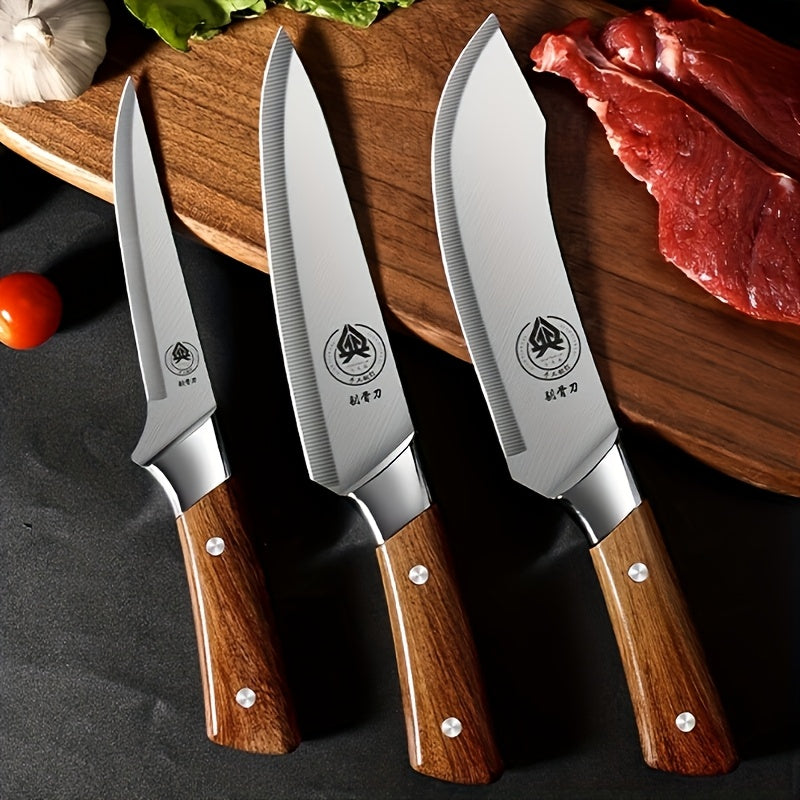 3pcs Multi-Functional Boning Knife Set, Specialized Cutting Tool, Japanese Stainless Steel Cooking Knives, Ultra Sharp Knives, ChefKnife with Sheath, Skinning Knife for Kitchen And SlaughterhouseUse, High Carbon Steel Meat Knife for Outdoor & BBQ