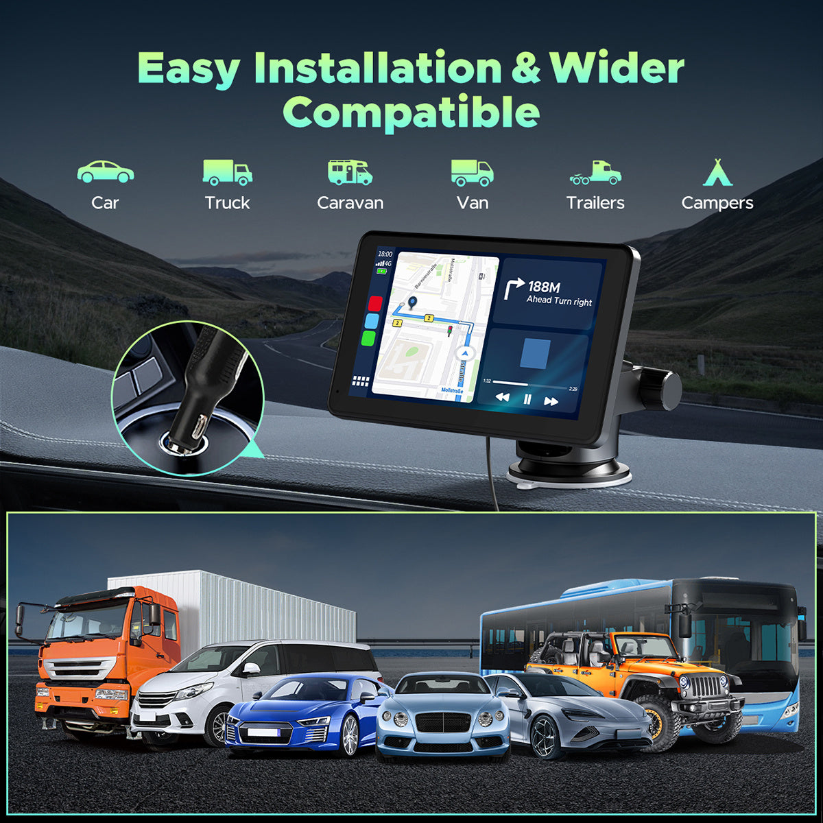 Portable Wireless CarPlay Screen for Car – 7"/9"/9.26" HD Display, Android Auto, GPS Navigation, Bluetooth, FM, AUX, AirPlay, Voice Control, Plug & Play for All Vehicles (Lamtto)