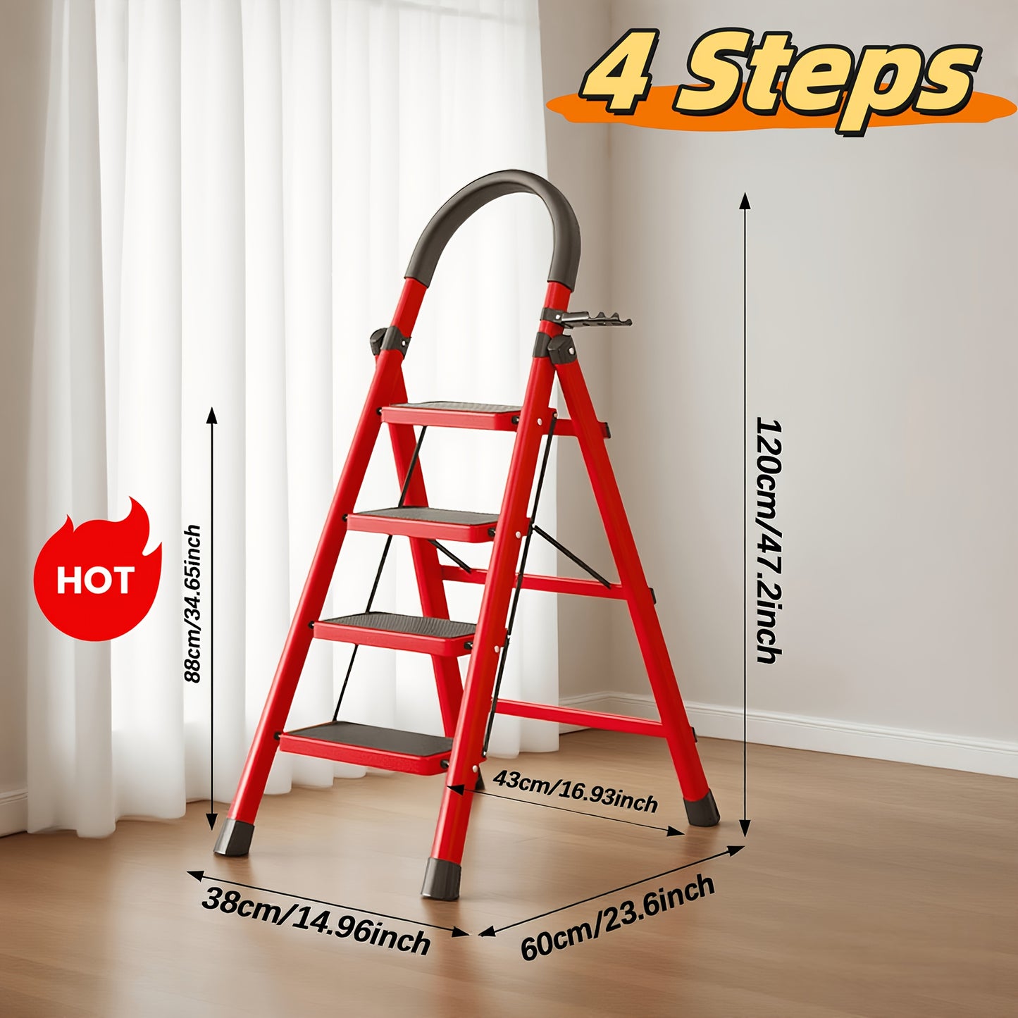 Heavy-Duty Foldable Step Ladder 3/4/5 Steps 450 lbs – Reinforced Steel with Tool Rack, Slip-Resistant Steps & Handrails, Portable for Home & Workplace, Black & Red Canada
