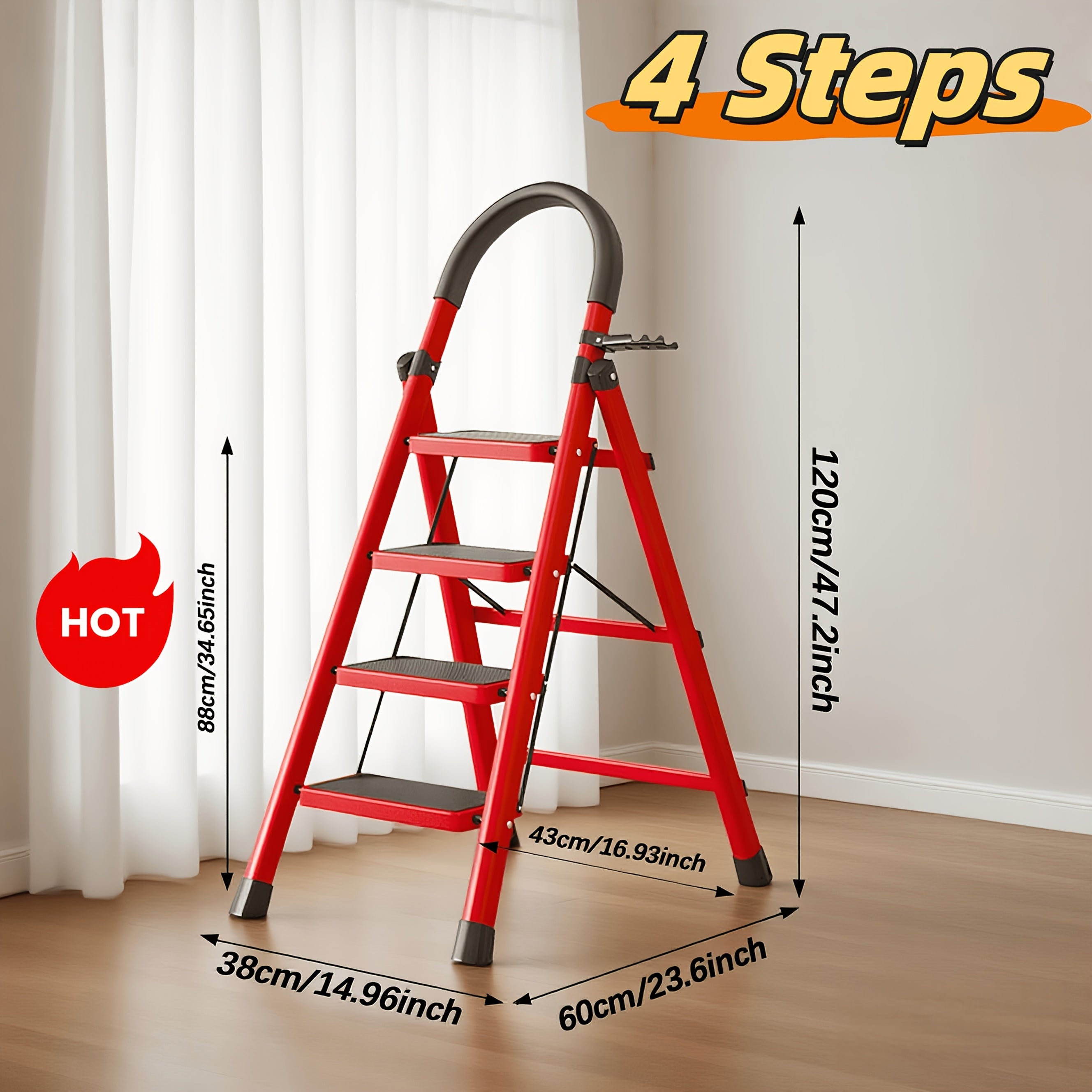 Heavy-Duty Foldable Step Ladder 3/4/5 Steps 450 lbs – Reinforced Steel with Tool Rack, Slip-Resistant Steps & Handrails, Portable for Home & Workplace, Black & Red Canada