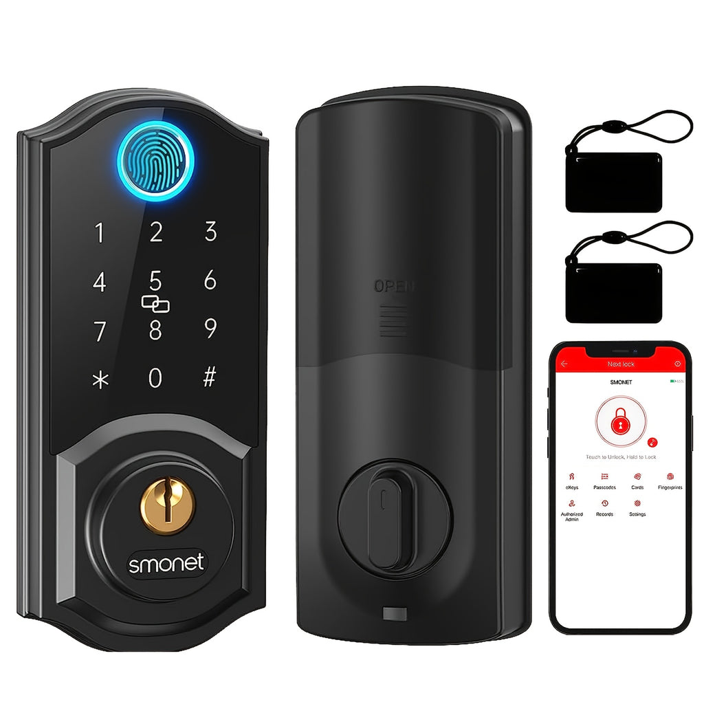 SMONET Smart Front Door Lock Handle Set, Keyless Entry Door Lock with Handle, Smart Deadbolt Auto-Lock Easy to Install, Fingerprint Keypad Buletooth Digital Deadbolt, Work with Alexa, App Control Black