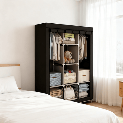 Freestanding Fabric Wardrobe Closet 170x128cm – Non-Woven Portable Clothes Organizer with 6 Shelves, 2 Hanging Sections & 4 Side Pockets, Dustproof Bedroom & Living Room Storage