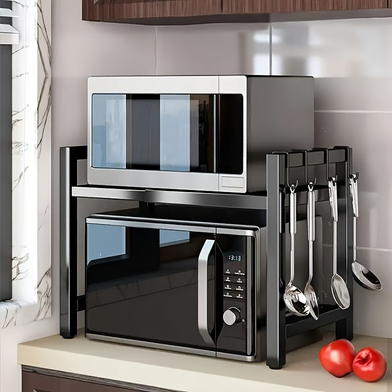 Expandable Microwave Oven Rack Microwave Shelf, Adjustable Width & Height Kitchen Counter Organizer Shelf Stand, Pot Pan Grill Storage Racks, Width 15.75-25.2inch Black
