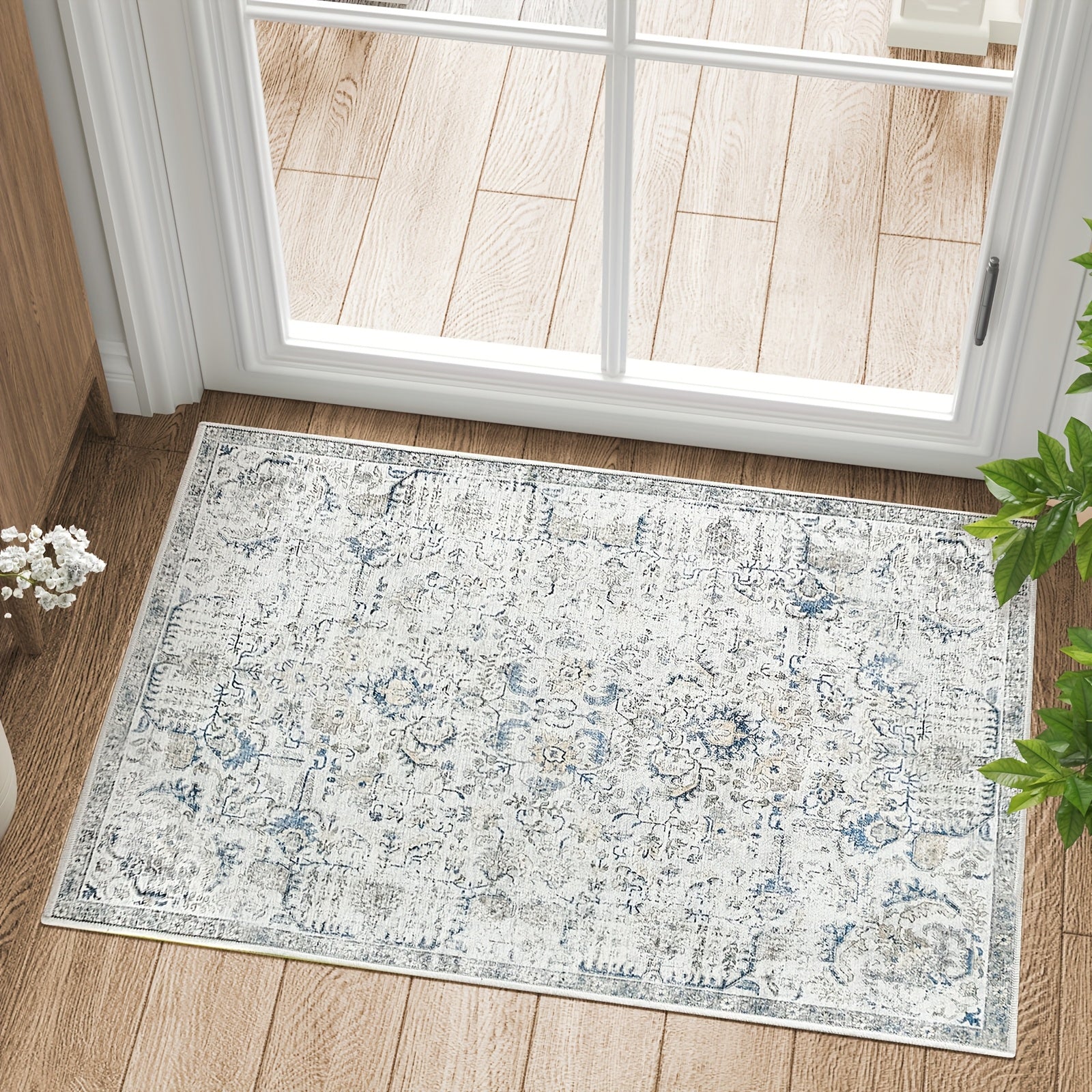 Vintage Boho Distressed Floral Area Rug – Machine Washable, Non-Slip Backing, Stain Resistant – Retro Oversized Accent Carpet for Living Room, Bedroom, Kitchen & Dining Room