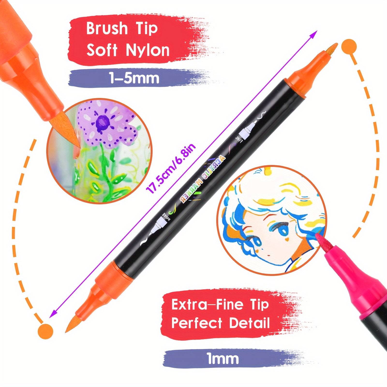 30 Colour Acrylic Paint Markers with Brush & Fine Tip for Adults - Dual Tip Art Pens for Rock Painting, Wood, Stone, Glass, Ceramic Decorating & DIY Crafts, Vibrant Acrylic Ink Paint Pens