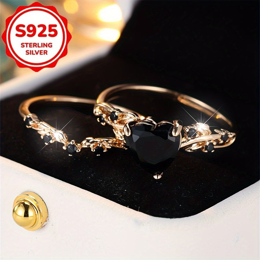 A Set of Two Rings Made of S925 Silver, Featuring a Vintage Heart Design with Black Synthetic Zirconia And Rose Golden Plating, Perfect for Everyday Use During Romantic Holiday Celebrations, Offering a Shiny And Long-Lasting Accessory