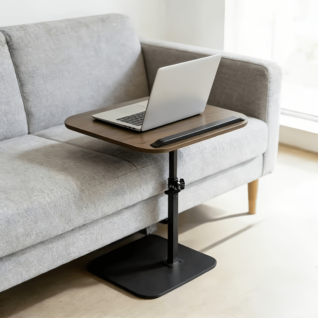 1pc Adjustable Height Computer Workstation Side Table - Fashionable Metal Frame with Wooden Top, Suitable for Living Room, Bedside, Corner Coffee Table, Multi-Functional Tray, Mobile C-Shaped Home Office Desk - Lift Table for Reception Room, RV