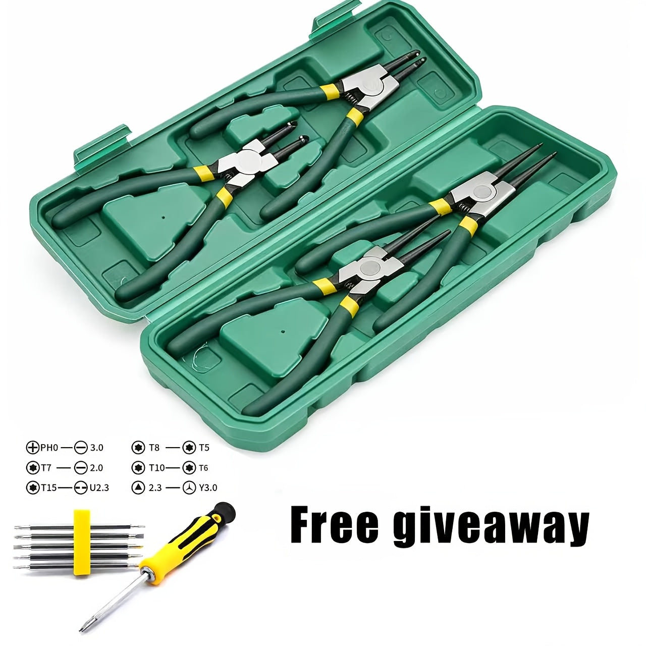 4-Piece Snap Ring Pliers Set 7-Inch Chrome Vanadium Steel - Heavy Duty Internal & External Circlip Removal Tool, Right Angle & Straight Bent Tip, Professional C-Clamp Ring Wrench Kit