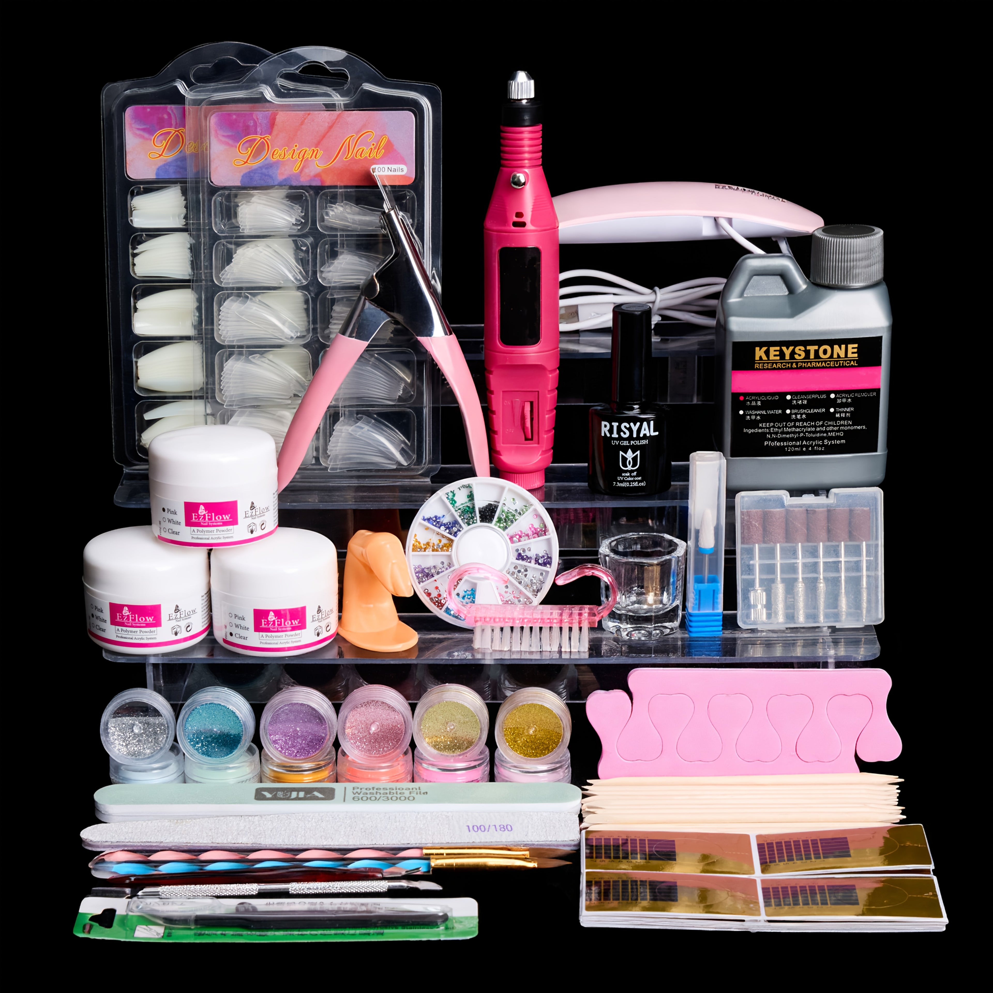 Complete Acrylic Nail Kit for Beginners – Nail Drill, UV Lamp, Acrylic Powder & Liquid System, Glitter Rhinestone Decorations, Multi-Color DIY Manicure Set for Salon-Quality Nails at Home