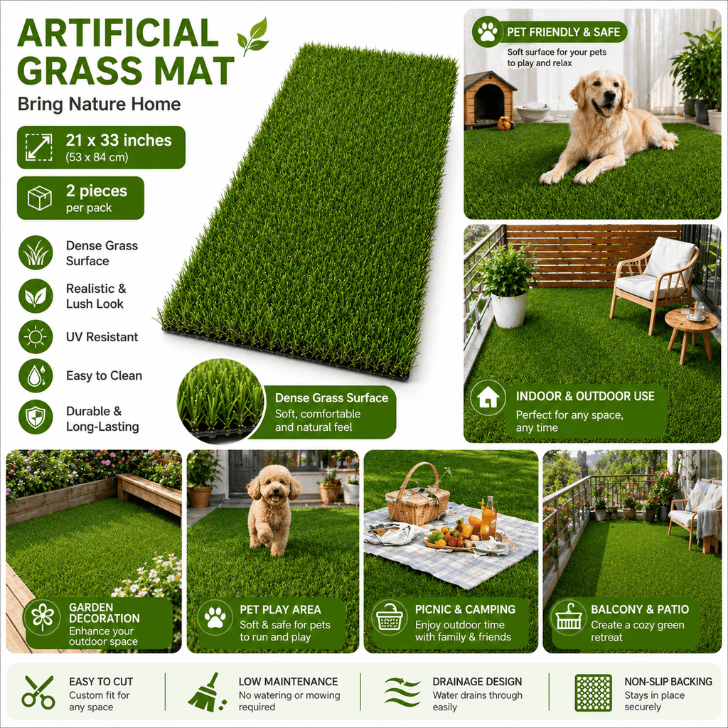 Artificial Grass Mat 2pcs of 21×43 Inches – 1.5" Thick Fake Grass Rug for Indoor Outdoor Patio, Balcony & Pet Area
