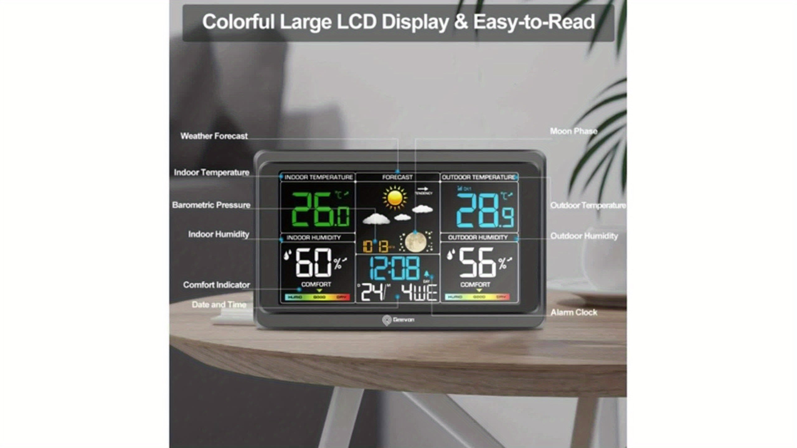 1pc Geevon Weather Station Wireless Indoor Outdoor Thermometer, Color Display Weather Thermometer, Digital Temperature Gauge with Barometer, Calendar, USB Charge And Adjustable Backlight(Without Battery)