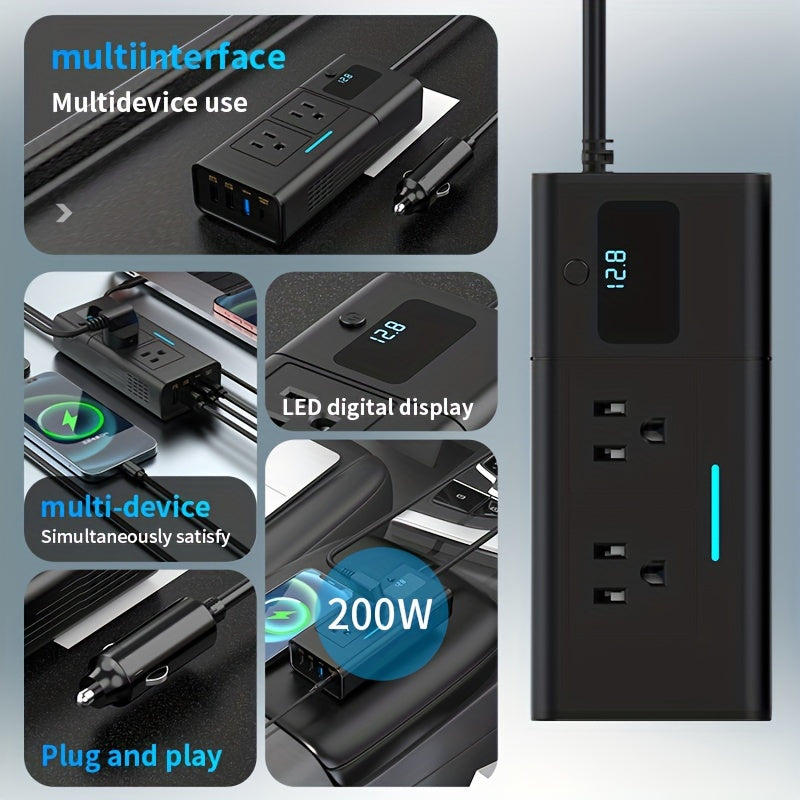 200W Car Power Inverter Newly Car Plug Adapter Outlet Charger DC 12V To 110V Car Inverter With 1. 2A&2. 4A USB, 1 QC3. 0 USB And 1 Type C Ports Black, Without Battery