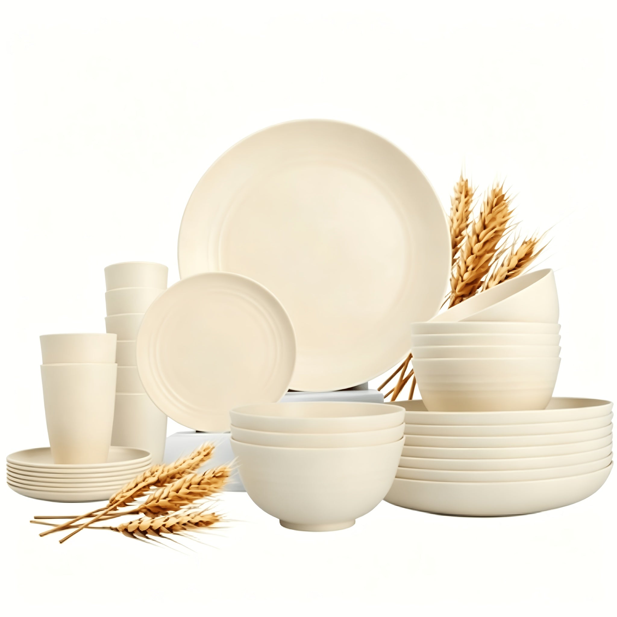 Wheat Straw Dinnerware Set 16 or 32 Piece Unbreakable Dish Set with Plates, Bowls & Cups - Dishwasher Microwave Safe Lightweight Tableware for Camping, Everyday Use & Gifts for Men