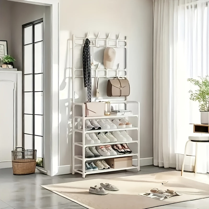 23.62 Inch/172cm 5-Tier Multi-Functional Storage Rack with 8 Double Hooks, Multi-Functional Clothes Hanger and Shoe Rack, Self-Assembly Shoe Rack Storage Box for Living Room, Bathroom, Hallway