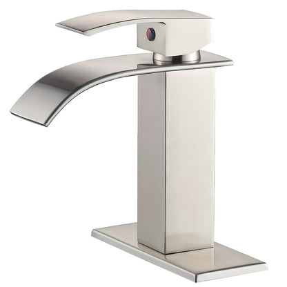 Waterfall Bathroom Faucet Single Hole 1 or 3 Hole Sink Mixer Tap with 6" Deck Plate Vanity Faucet for Farmhouse RV Bathroom Matte Black Brushed Nickel