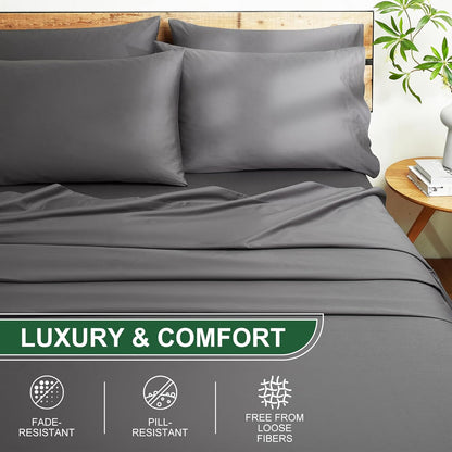 Luxury Bamboo Bed Sheet Set 4/6pcs – 5-Star Hotel Cooling Sheets for Hot Sleepers, Deep Pocket Up to 16", Breathable Viscose Bedding with Fitted Sheet & Pillowcases, Twin Full Queen King, 7 Colours