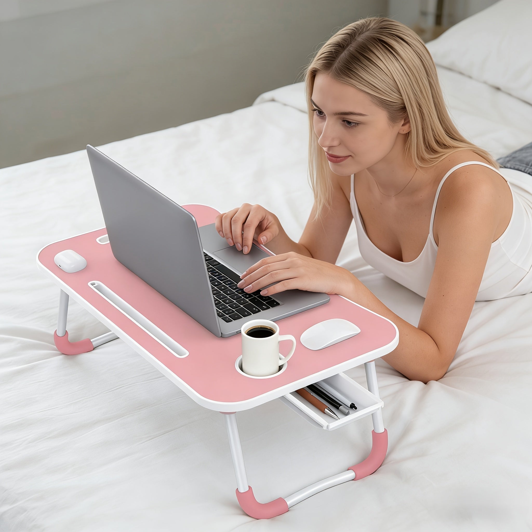 Foldable Laptop Bed Desk Tray with Cup Holder & Drawer, Large Portable Lap Desk Table Stand for Bed Sofa Couch Floor, for Laptop Study Reading Writing Eating – Adjustable Bed Tray for Adults Kids
