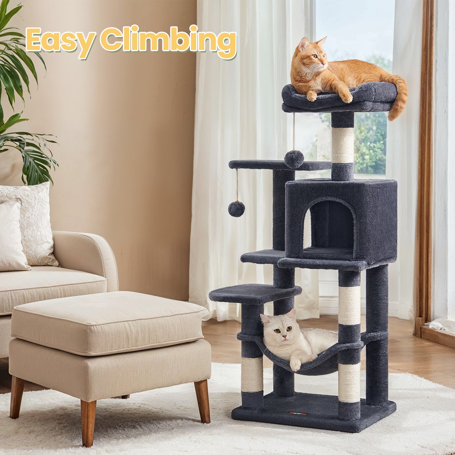 Cat Tree, 44.1-Inch Cat Tower for Indoor Cats, Multi-Level Cat Condo with Scratching Posts, Perches, Hammock and Cave, Smoky Gray