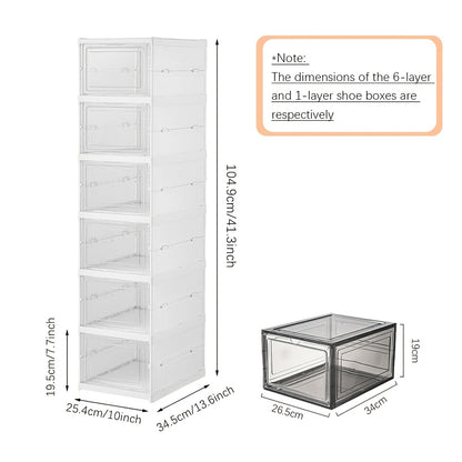 Transparent Stackable Shoe Box Organizer 6-Layer Foldable – Thickened Dustproof Clear Sneaker Storage Cabinet for High-Top Shoes, Shoe Rack Shelf for Closet