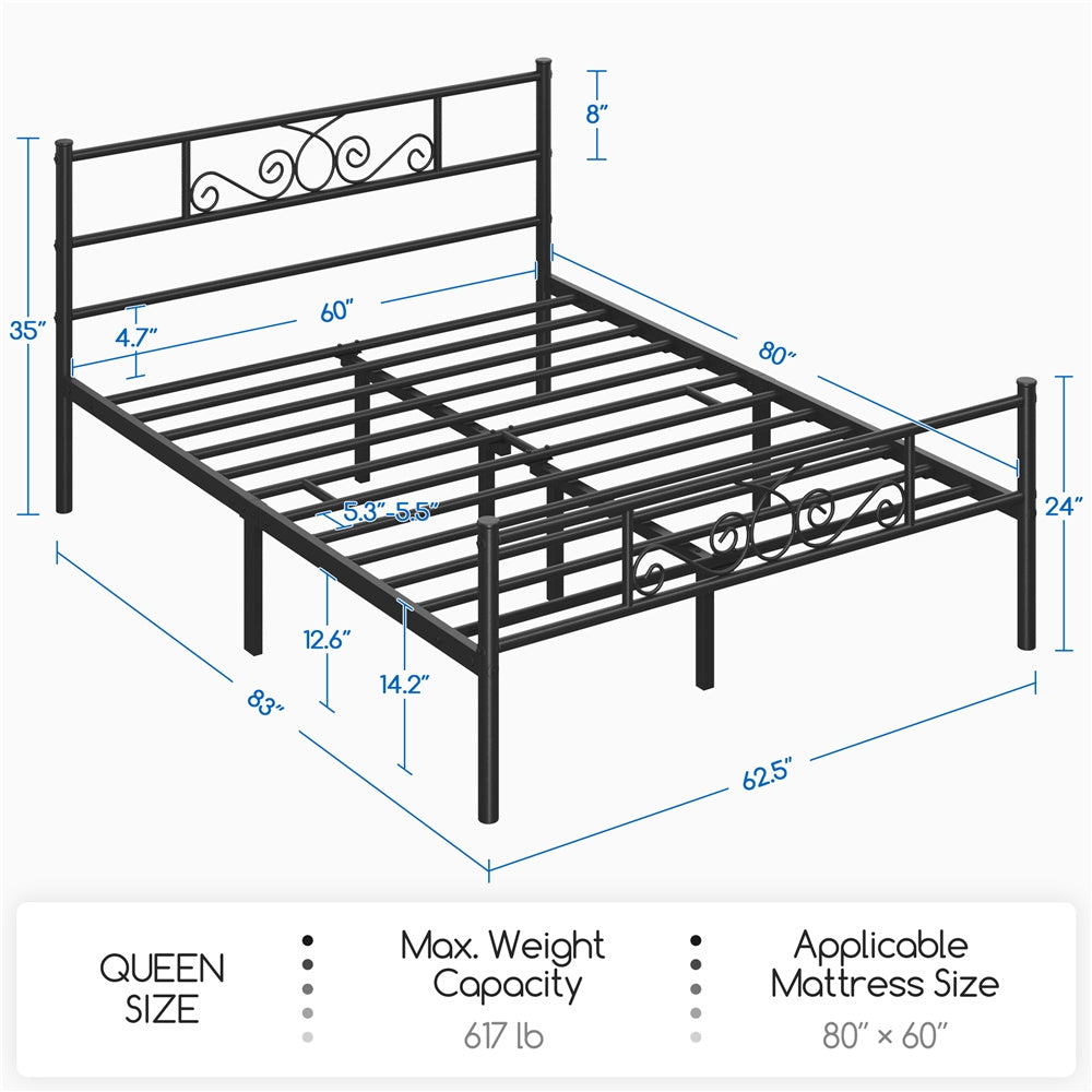 ALDEN DESIGN Bed Frame Metal Platform Bed, Space Saving Metal-Framed Bed, Iron Bed Foundation, Graceful Scroll Metal-Framed Bed, Platform Bed with Headboard and Footboard for Bedrooms, Guestrooms, Dormitories, Black/White/Silver, Twin/Full/Queen Size