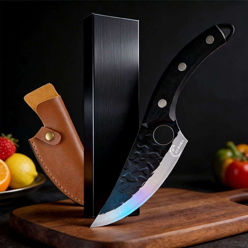 Hand-Forged Chef Knife with Hammered Pattern Blade, Full-Tang Curved Riveted Handle with Leather Sheath & Gift Box, Professional Kitchen Knife for Meat Fish Vegetables, Outdoor Camping BBQ