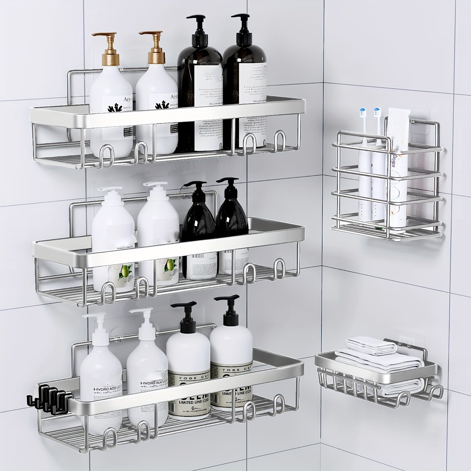 Stainless Steel Shower Caddy 5-Piece Set – Wall Mounted Adhesive Bathroom Organizer with Soap Dish & Toothbrush Holder | No-Drill Shower Shelf Rack for Inside Shower | 9 Colours | ShopVora CA
