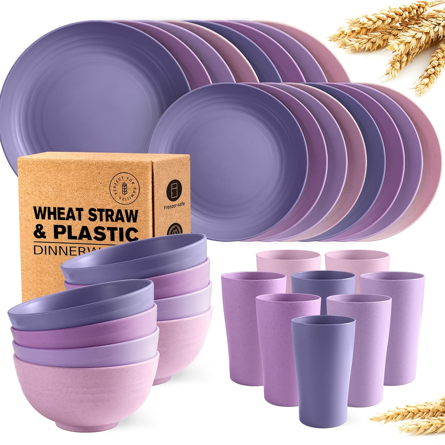 Wheat Straw Dinnerware Set 16/32pcs – Eco-Friendly Plates, Dessert Plates, Cereal Bowls & Cups for 4/8 People, Durable Shatterproof Outdoor Camping Tableware for Family Gatherings, Parties & Everyday Use, Multiple Colours