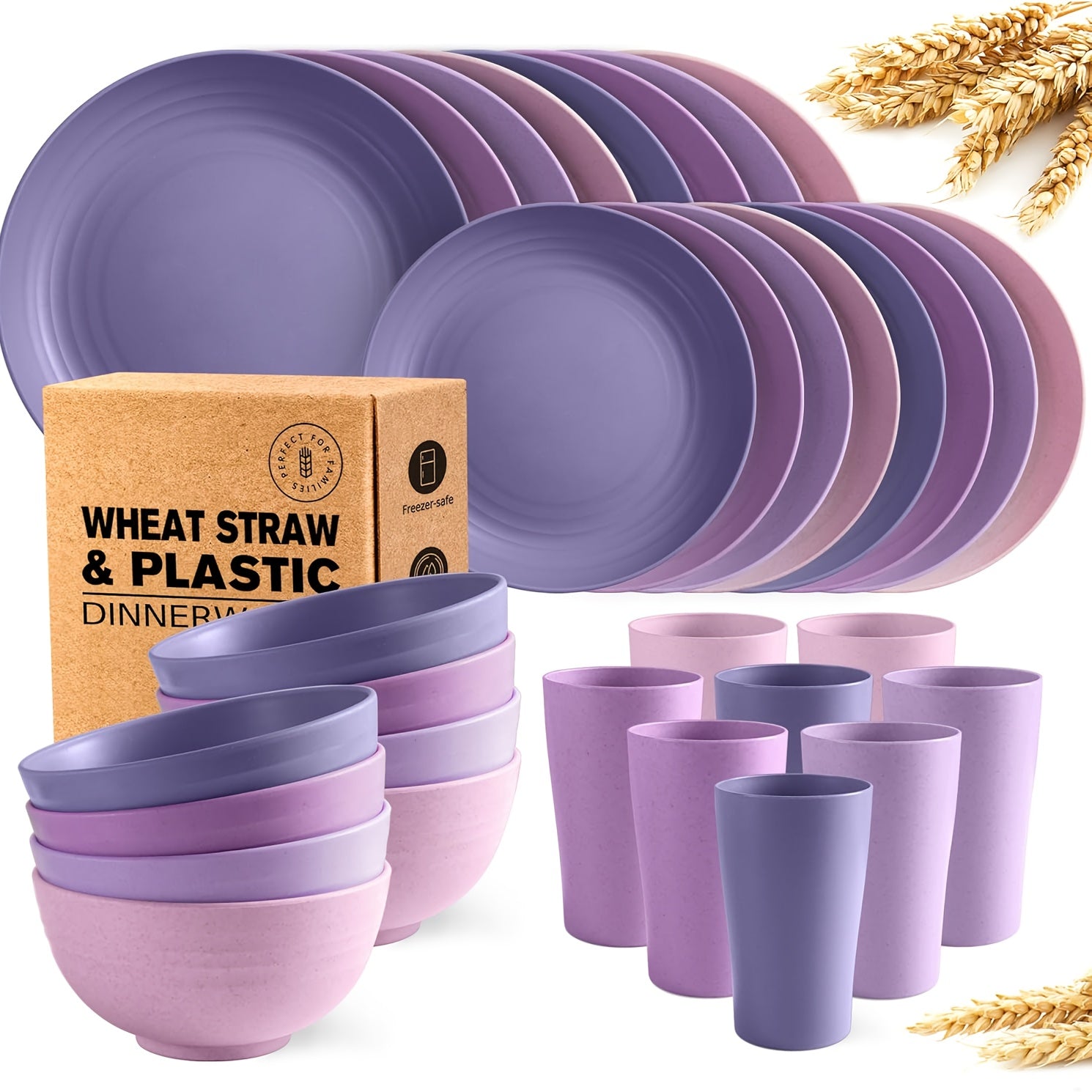 Wheat Straw Dinnerware Set 16/32pcs – Eco-Friendly Plates, Dessert Plates, Cereal Bowls & Cups for 4/8 People, Durable Shatterproof Outdoor Camping Tableware for Family Gatherings, Parties & Everyday Use, Multiple Colours