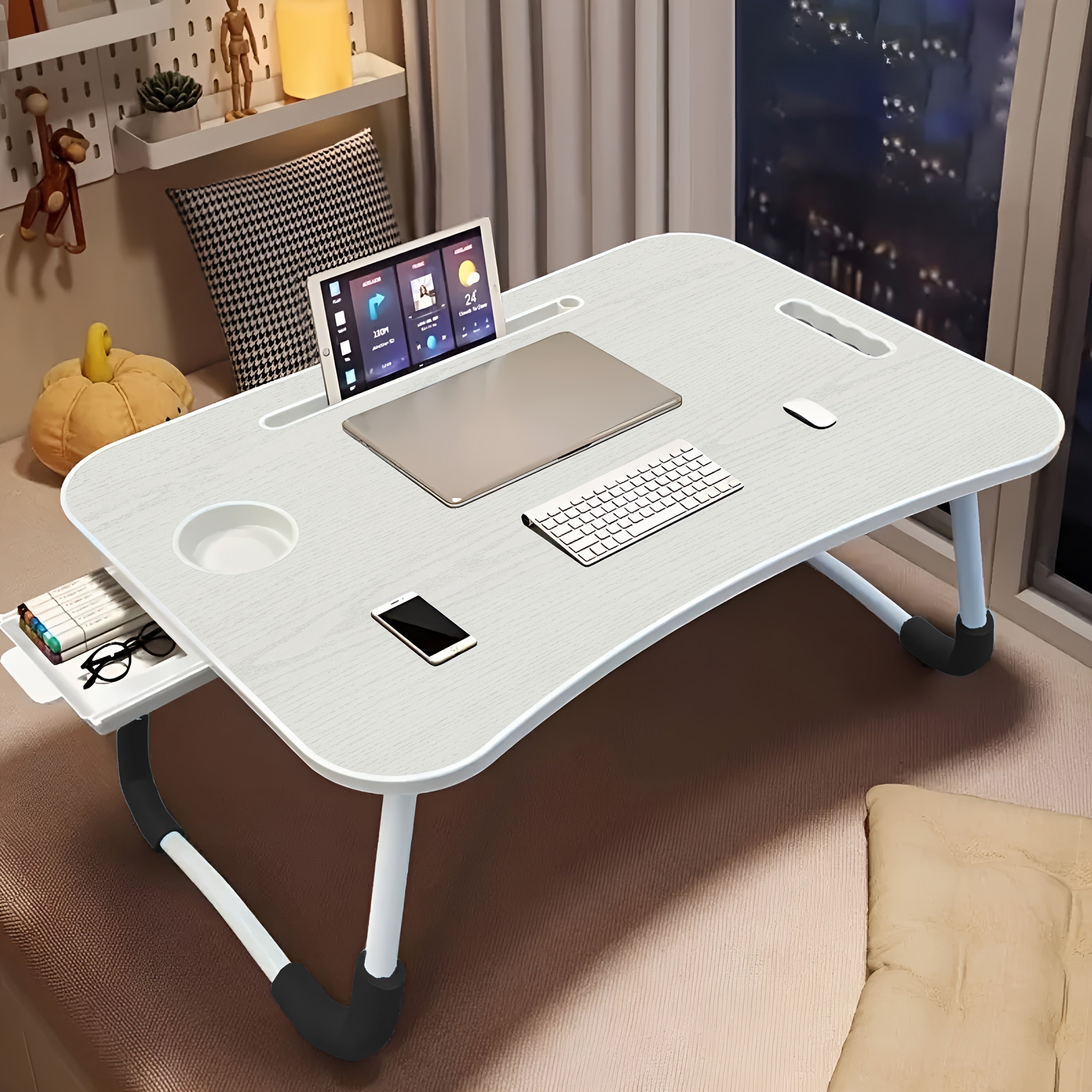 Portable Lap Desk with Cup Holder & Drawer – Extra-Large Foldable Laptop Tray Stand, Sturdy Anti-Slip Legs, Ventilated Surface, Multifunctional for Bed Sofa Floor – Pink, Black, Wood, Blue & White