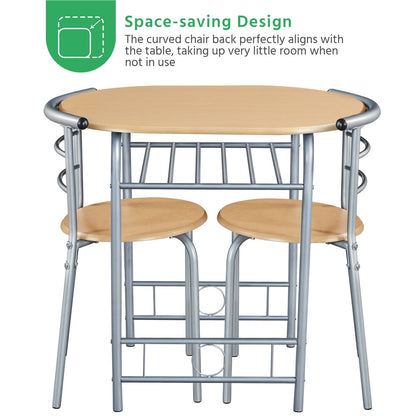 3-Piece Round Dining Table Set for 2 – Space Saving Kitchen Table & Chairs with Steel Legs, Storage Rack | Modern Compact Dining Set for Apartments, Dorm Rooms & Breakfast Nooks