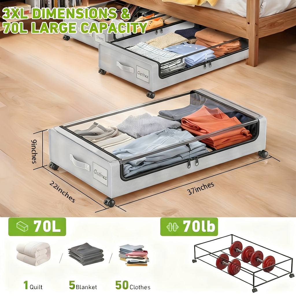 Under-bed Storage Cabinet on Wheels, 1-pack/2-pack Under-bed Storage Container, Under-bed Shoe Rack with Transparent Window and Label, Rolling Under-bed Metal Drawer for Storing Clothes, Shoes, Etc., Under-Bed Storage