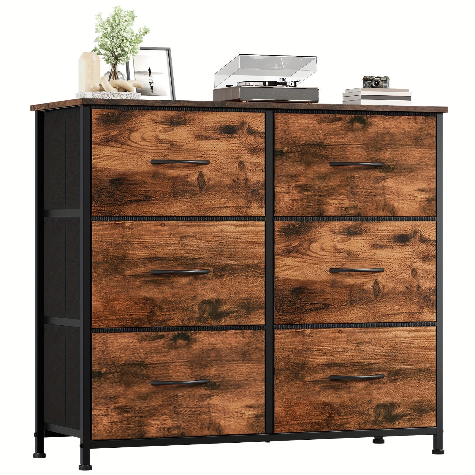EUNOS Dresser for Bedroom with 6 Drawers, 3-Tier Wide Storage Chest of Drawers with Removable Fabric Bins for Closet Bedside Living Room Laundry Entryway Hallway