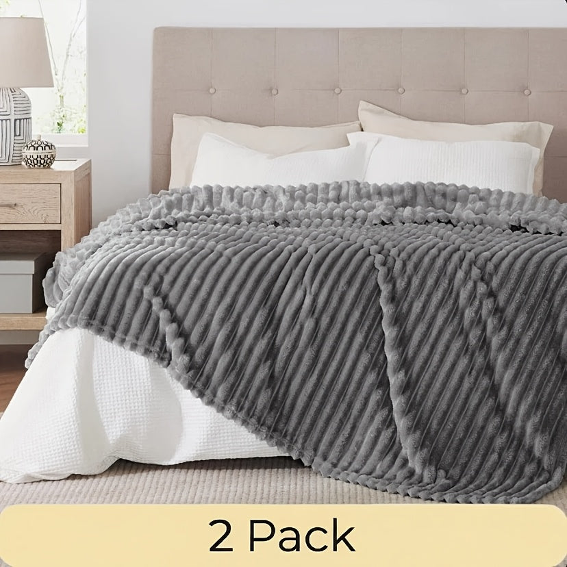 Faux Fur Rabbit Blanket Set of 2 – 260GSM Striped Luxury Plush Throw, OEKO-TEX Certified, Machine Washable, Cozy Sofa & Bed Blanket for Women & Men, Multiple Colours