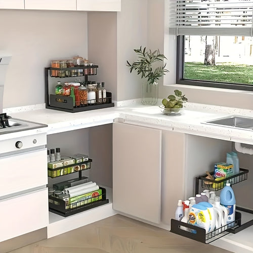 2-Tier Under Sink Pull-Out Organizer Set of 2 with Mesh Sliding Drawers & Padded Shelves, Metal Slide-Out Cabinet Storage for Kitchen & Bathroom, Fits Framed Cabinets