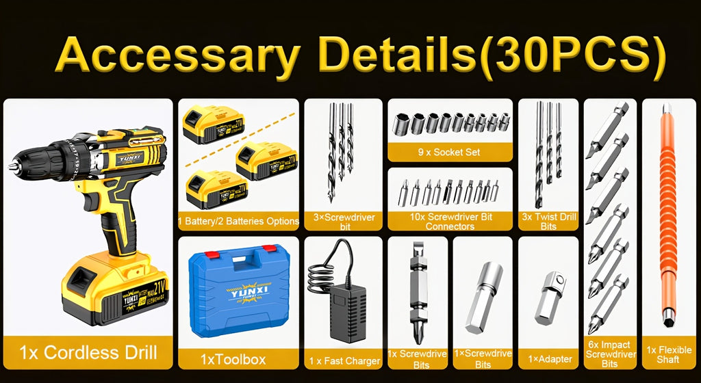 21V Household Multifunctional Cordless Drill, Tool Box Set, Power Tool, Equipped with High-Capacity Battery And Fast Charger, Drill Bit, Toolbox (Optional). Suitable for Gardening, Home Decoration, Outdoor Maintenance, And Handmade Production